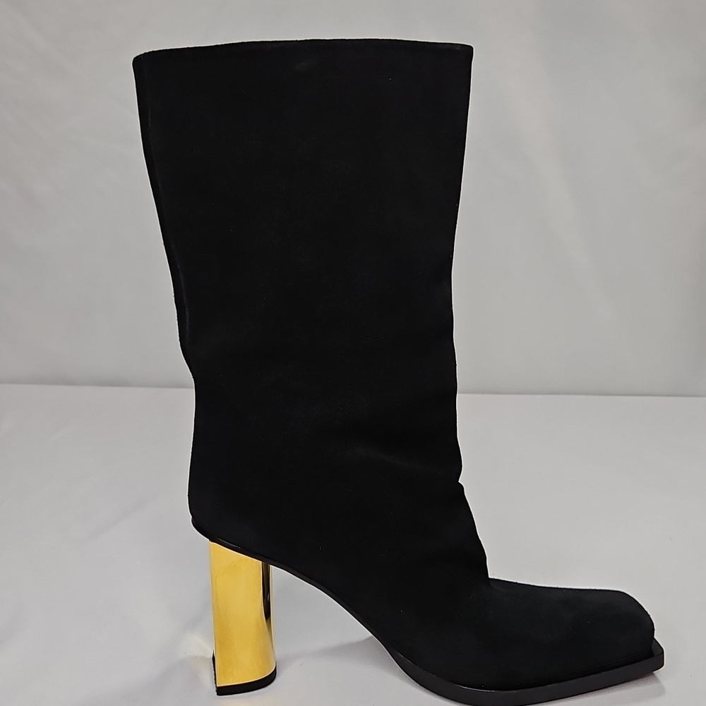 Proenza Schouler Sucal Wrinkle Square Toe Suede Black Boots Wt Gold Heels Sz 9.5
